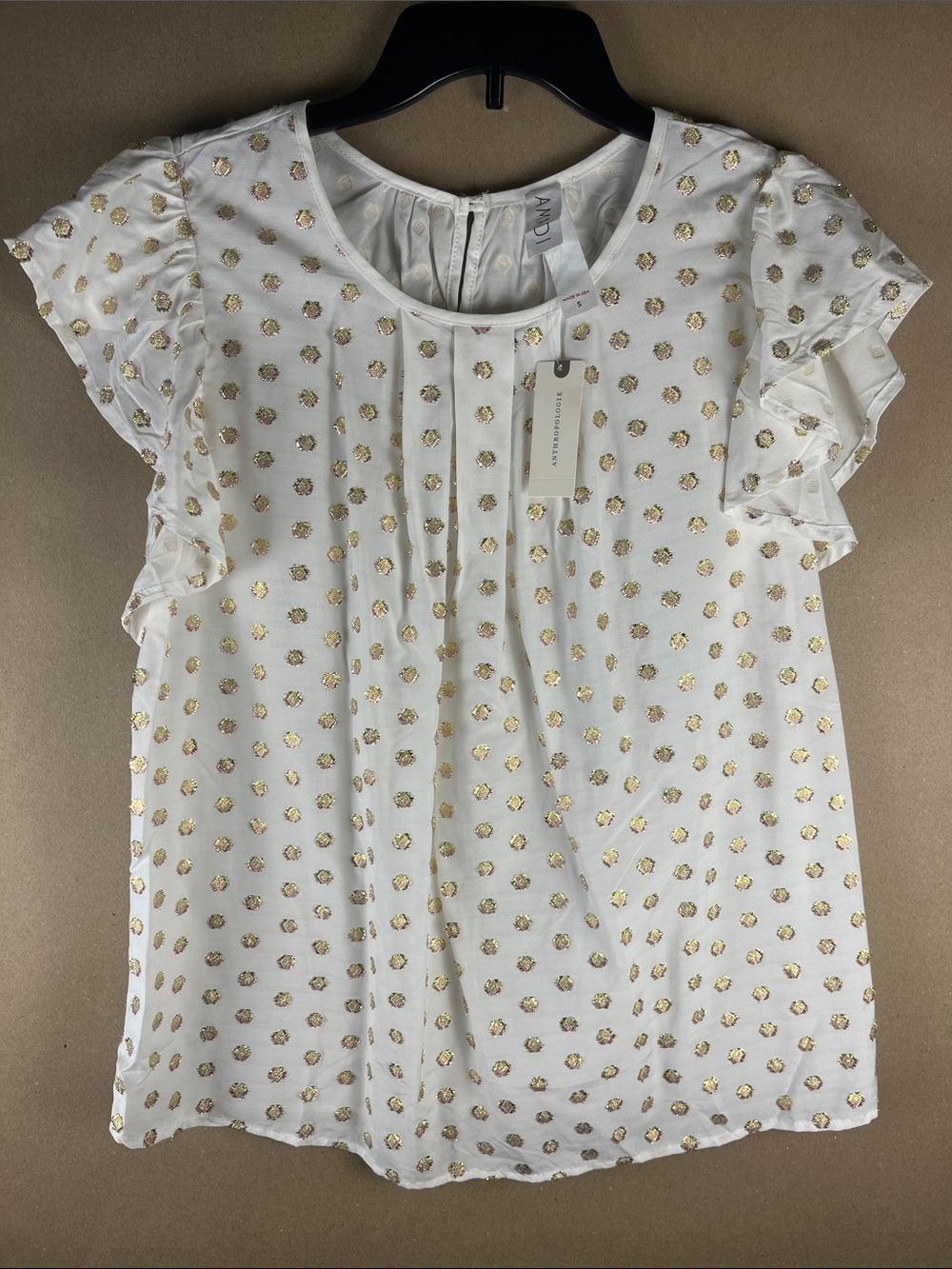 NWT Amadi Anthropologie Gold Clip Dot Flutter Sleeve Top S Metallic